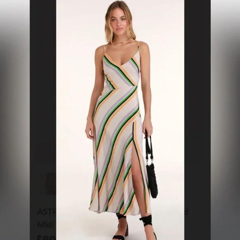 ASTR The Label Jessi Midi Dress in Taupe Multi-Striped Pattern Size Medium